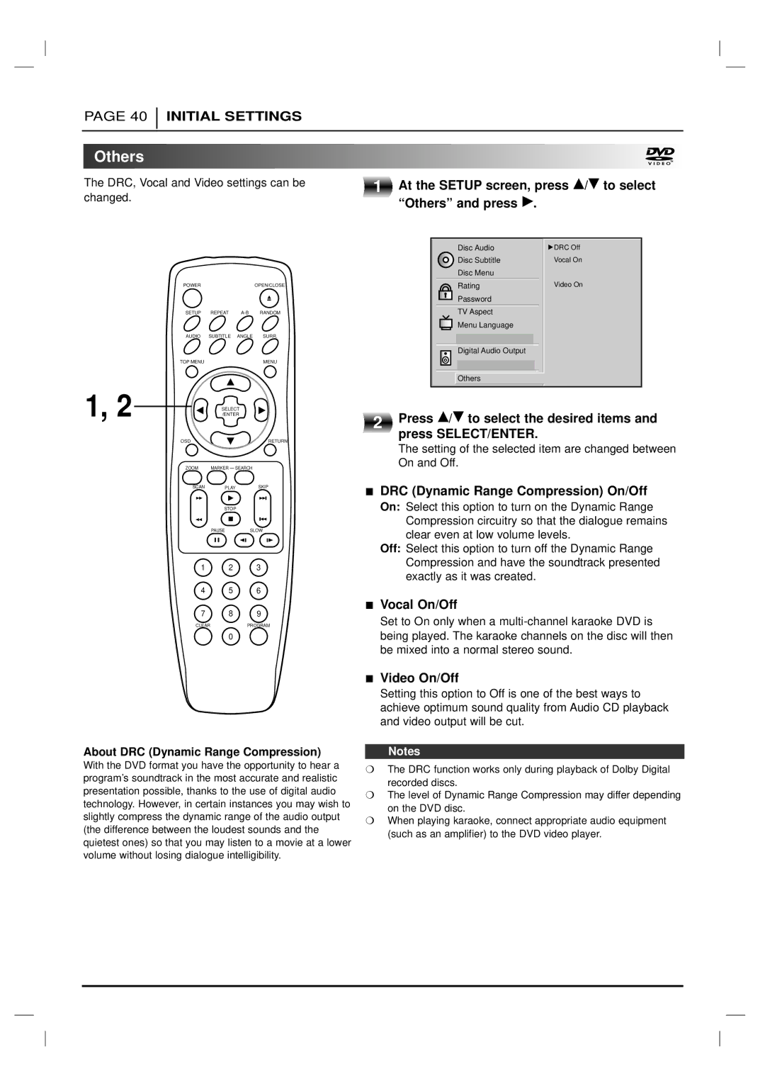 Marantz DV4200 manual At the Setup screen, press D/E to select Others and press G, DRC Dynamic Range Compression On/Off 