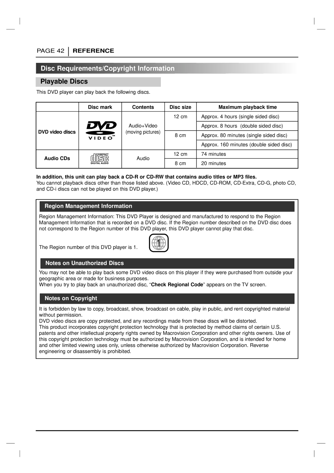 Marantz DV4200 Disc Requirements/Copyright Information, Playable Discs, Disc mark Contents Disc size Maximum playback time 