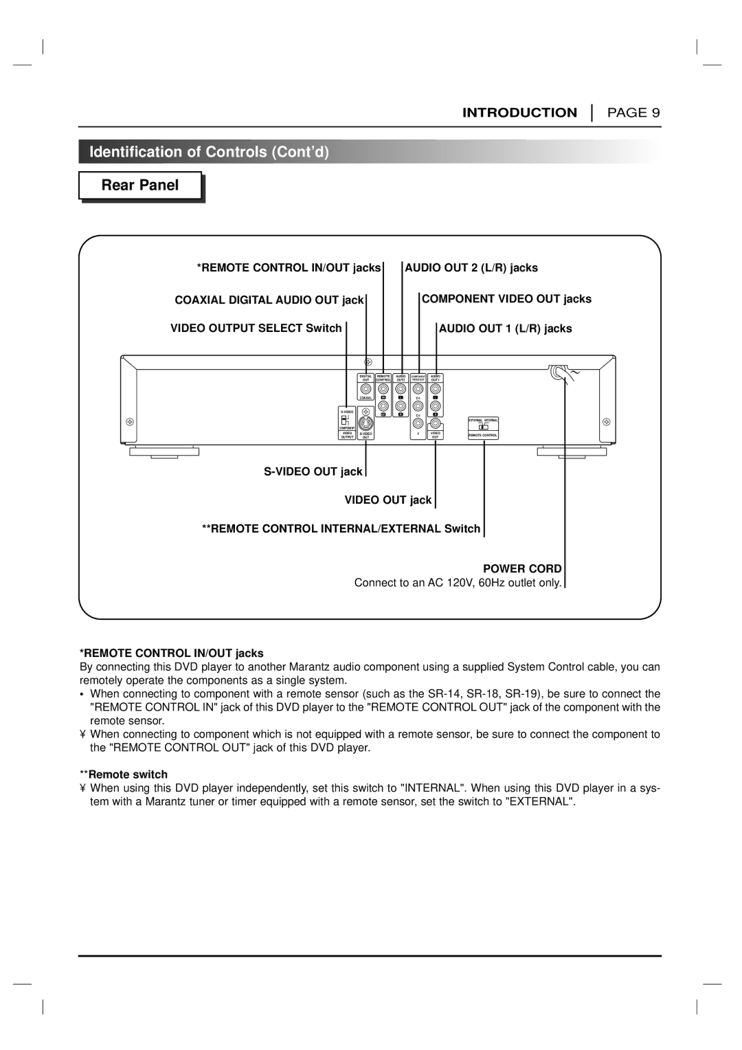 Marantz DV4200 manual Identification of Controls Cont’d, Rear Panel 