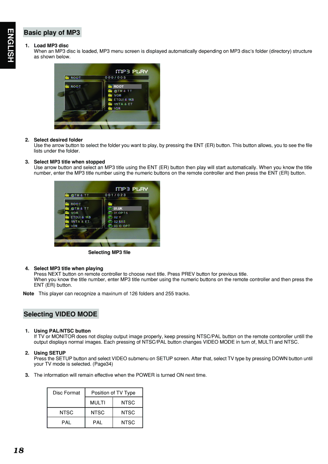 Marantz DV4300 manual Basic play of MP3, Selecting Video Mode 