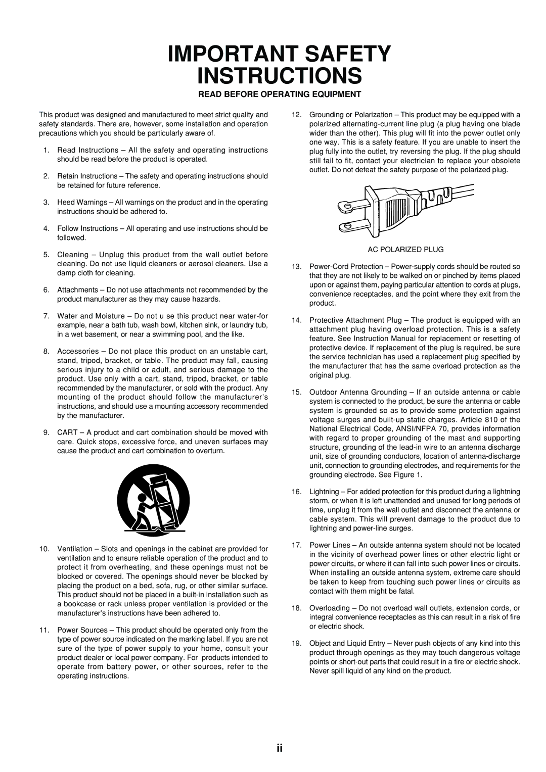 Marantz DV4300 manual Important Safety Instructions, Read Before Operating Equipment 