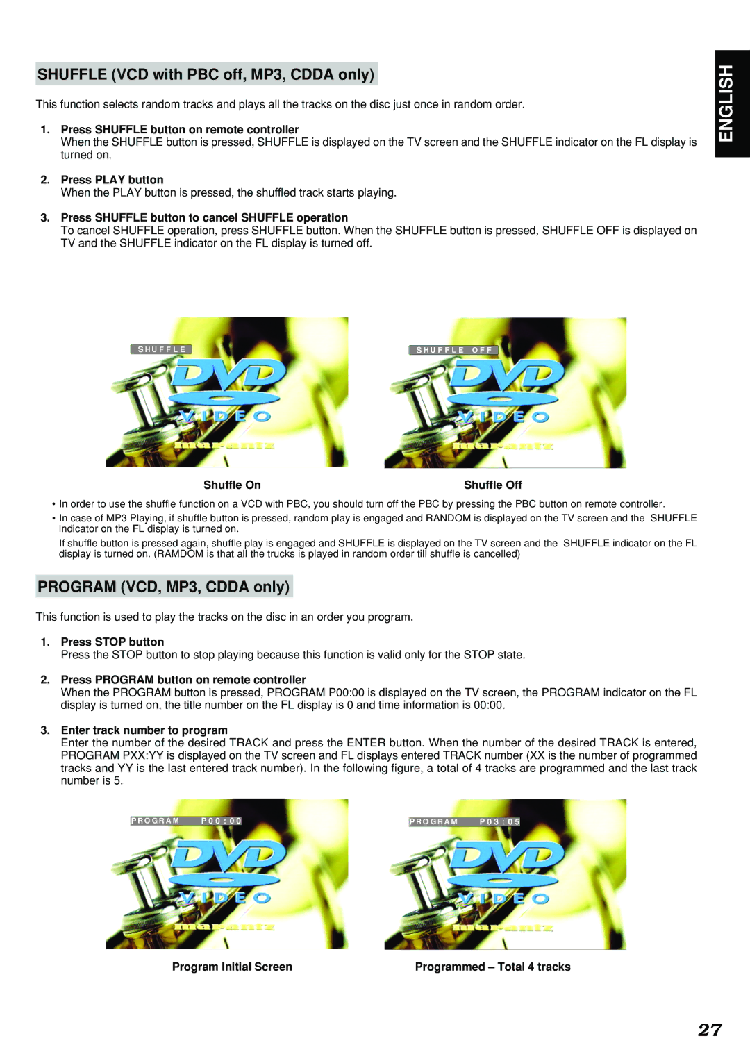 Marantz DV4300 manual Shuffle VCD with PBC off, MP3, Cdda only, Program VCD, MP3, Cdda only 