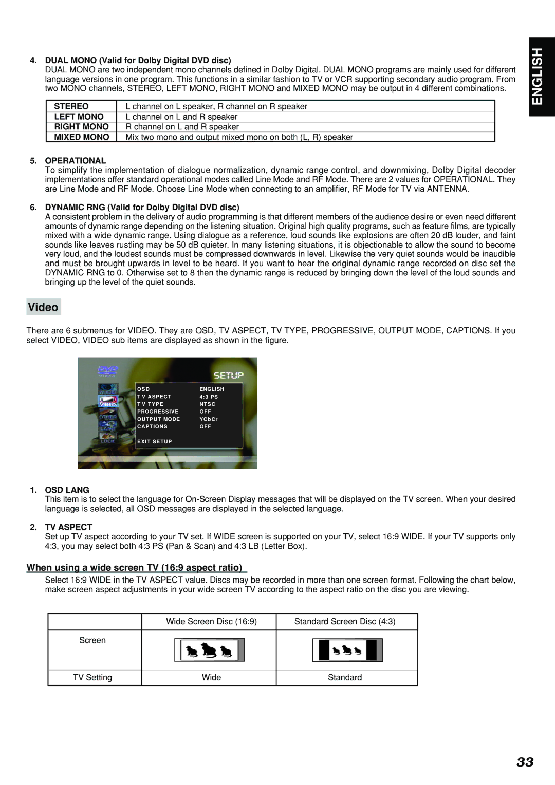 Marantz DV4300 manual Video, When using a wide screen TV 169 aspect ratio 