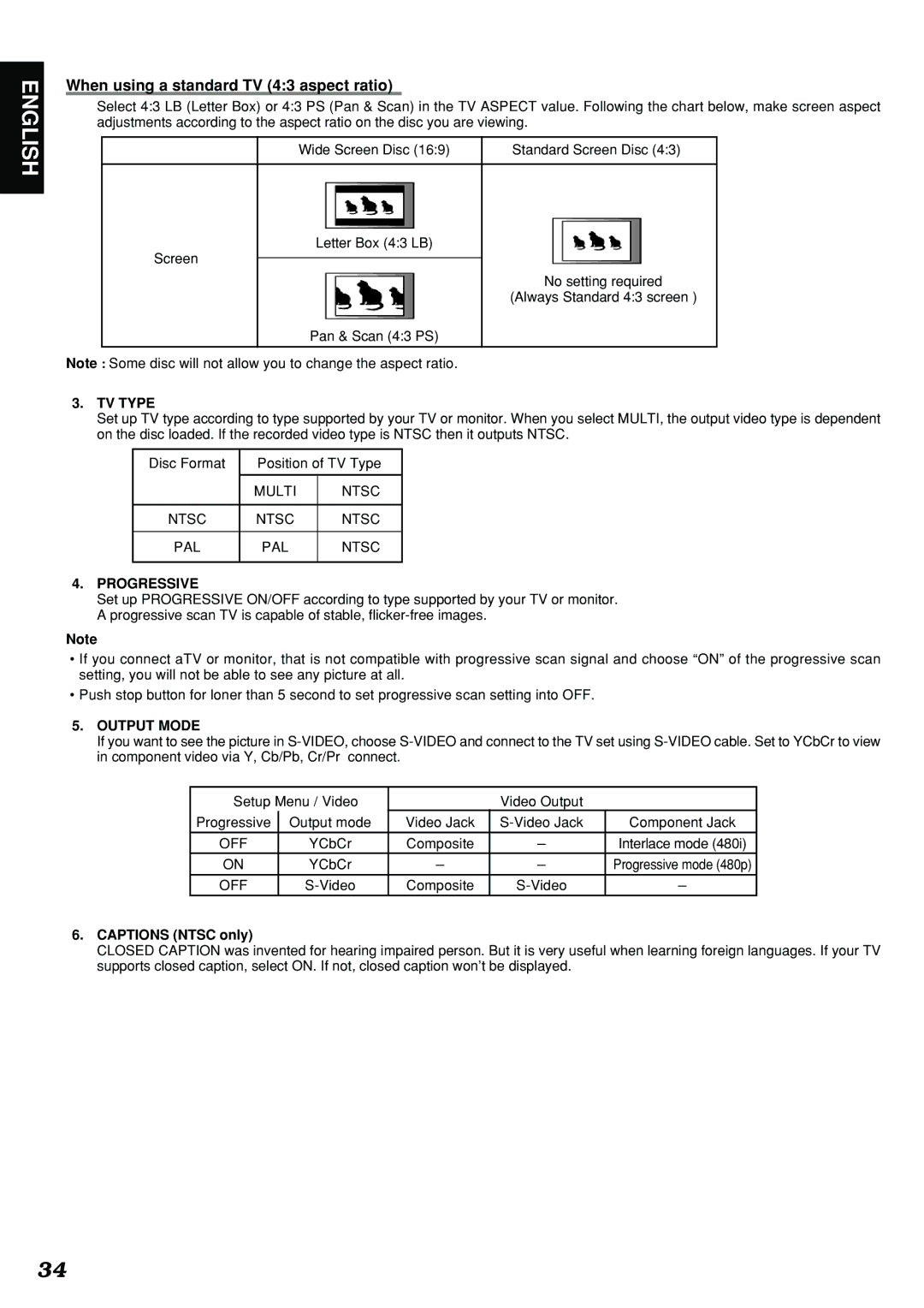 Marantz DV4300 manual When using a standard TV 43 aspect ratio, TV Type, Progressive, Output Mode, Captions Ntsc only 