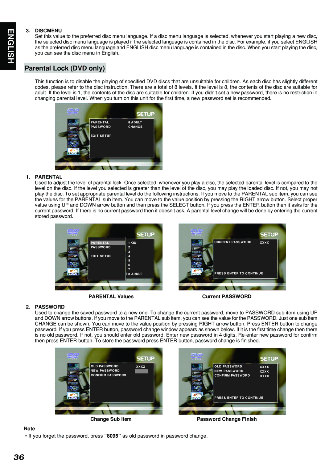 Marantz DV4300 manual Parental Lock DVD only, Discmenu, Parental Values Current Password 