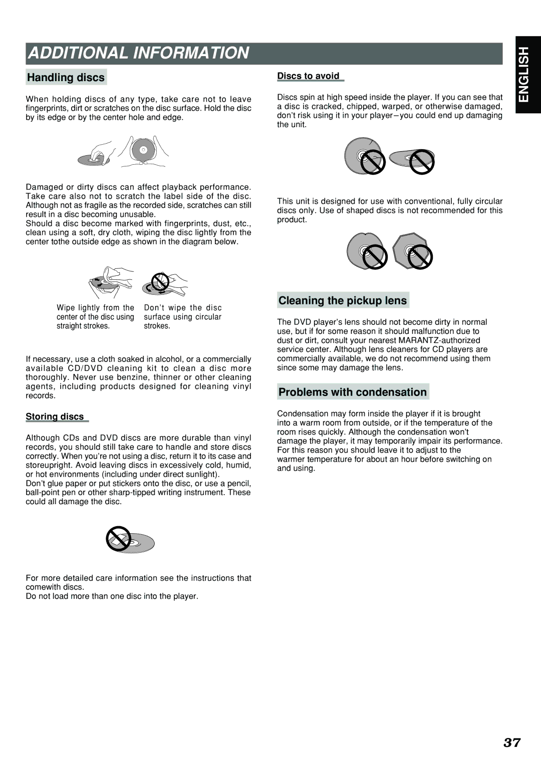 Marantz DV4300 manual Additional Information, Handling discs, Cleaning the pickup lens, Problems with condensation 