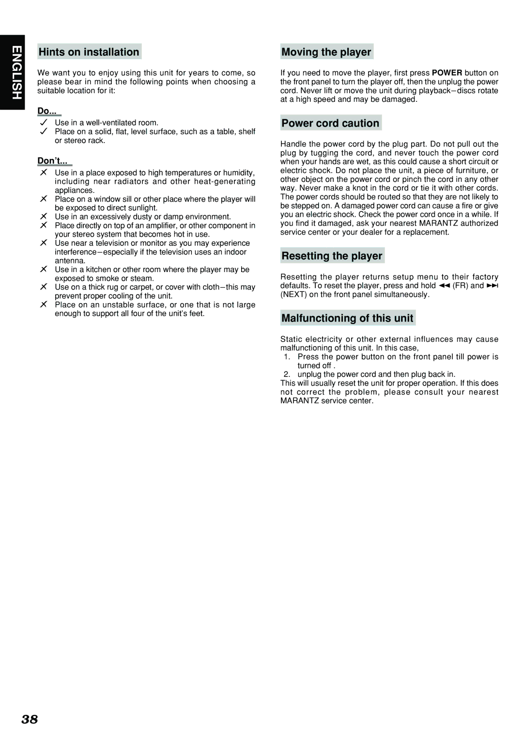 Marantz DV4300 manual Hints on installation, Moving the player, Power cord caution, Resetting the player 