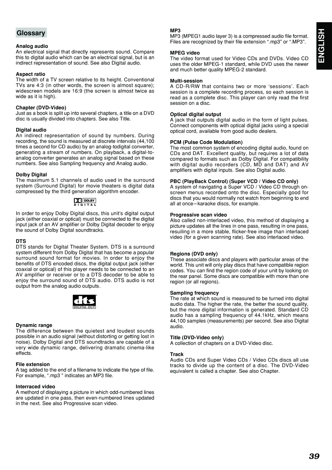 Marantz DV4300 manual Glossary, Dts, MP3 