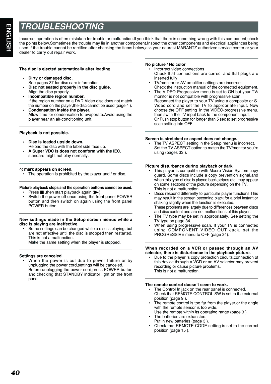 Marantz DV4300 manual Troubleshooting 