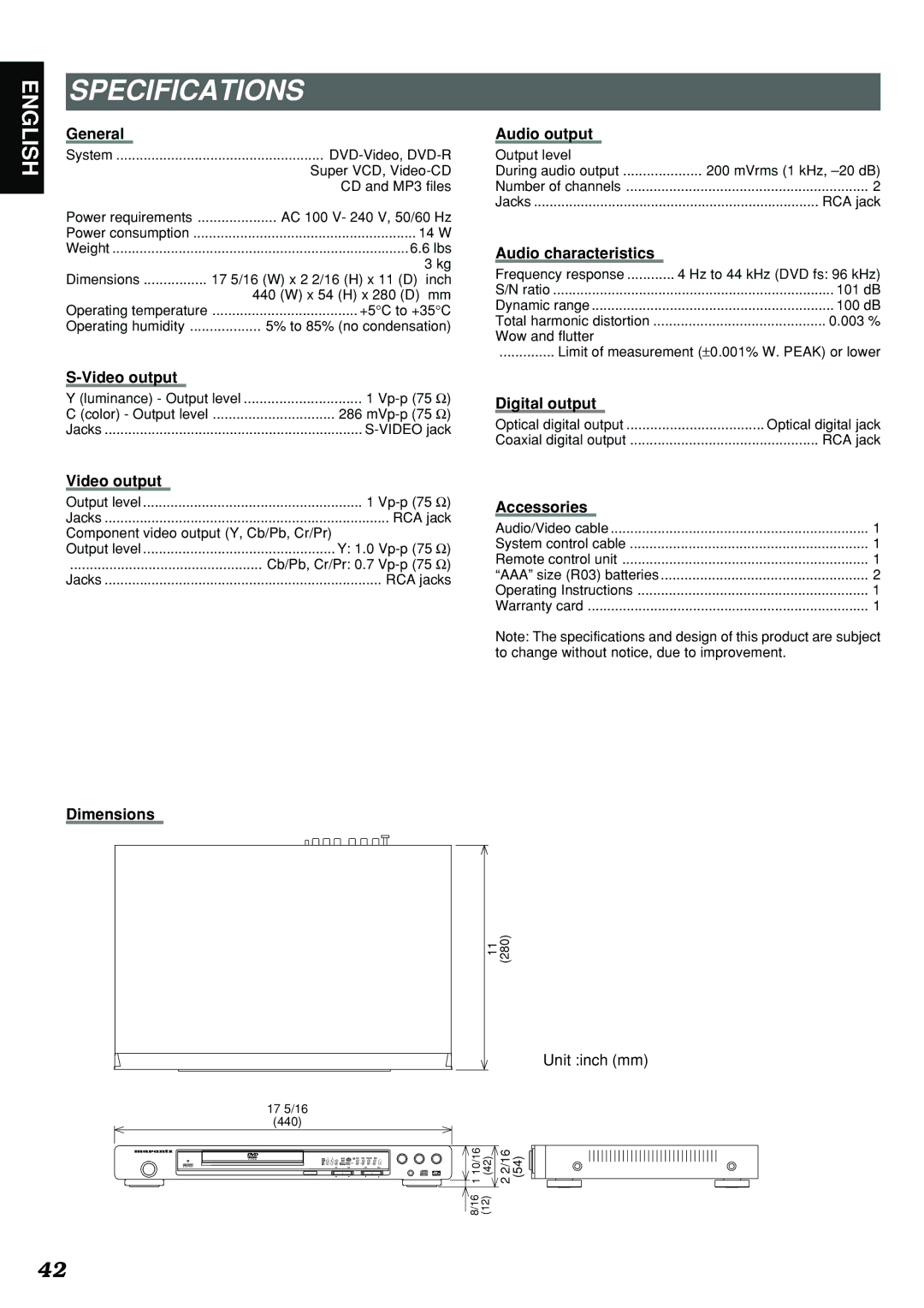 Marantz DV4300 manual Specifications 