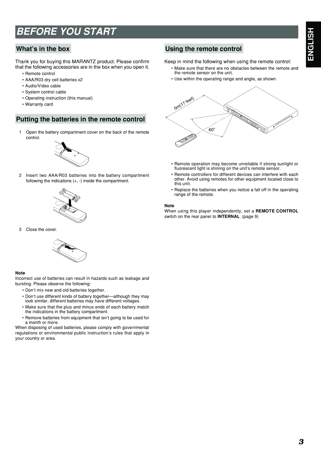 Marantz DV4300 Before YOU Start, What’s in the box Using the remote control, Putting the batteries in the remote control 