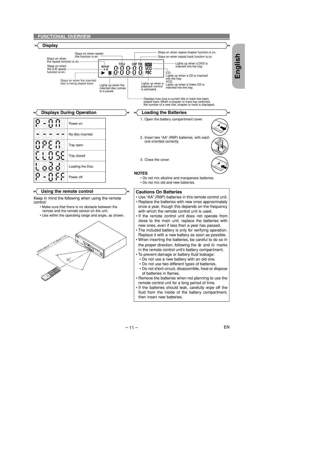 Marantz DV4400 manual Displays During Operation, Loading the Batteries, Using the remote control 