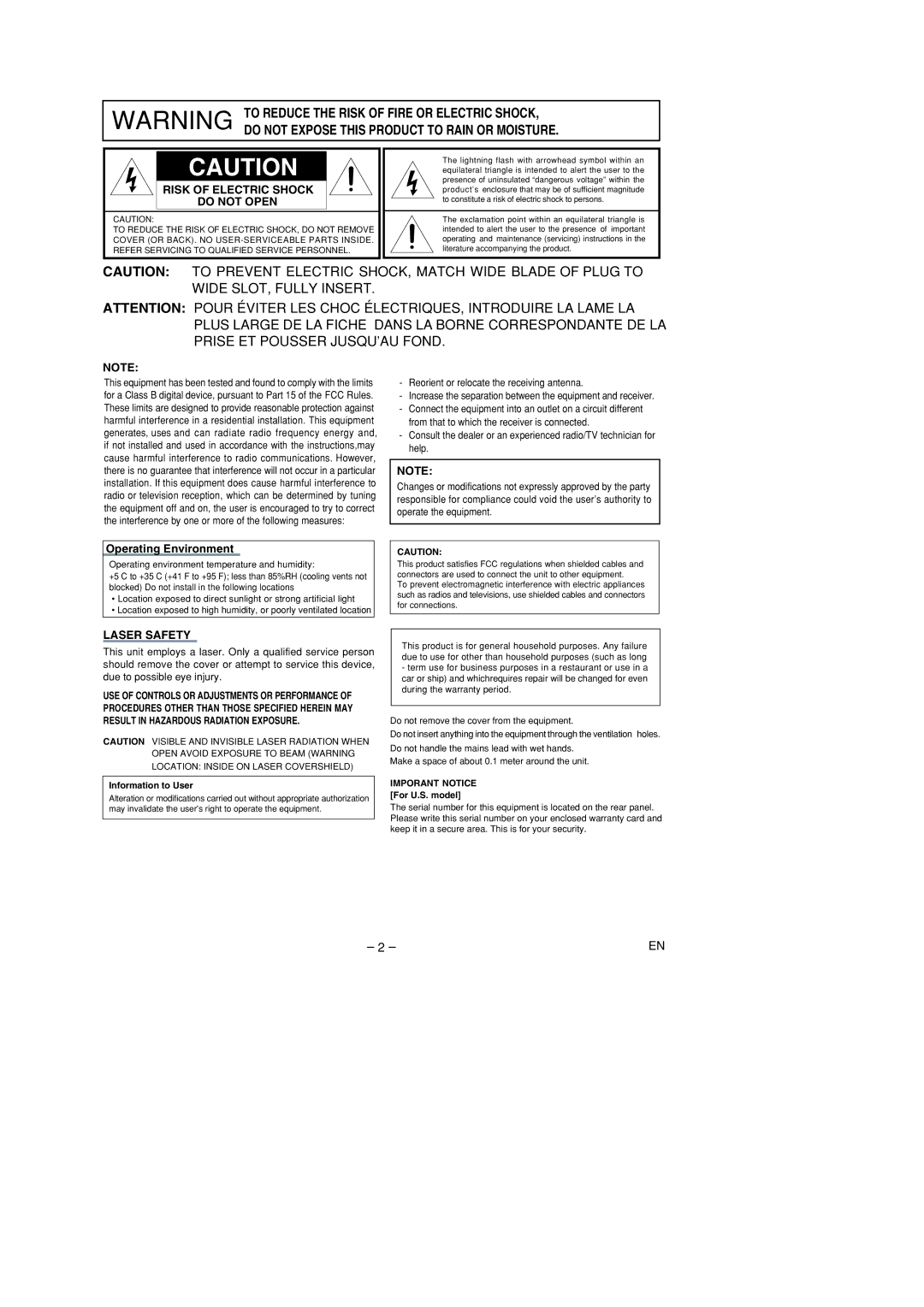 Marantz DV4400 manual Risk of Electric Shock Do not Open, Operating Environment, Laser Safety 