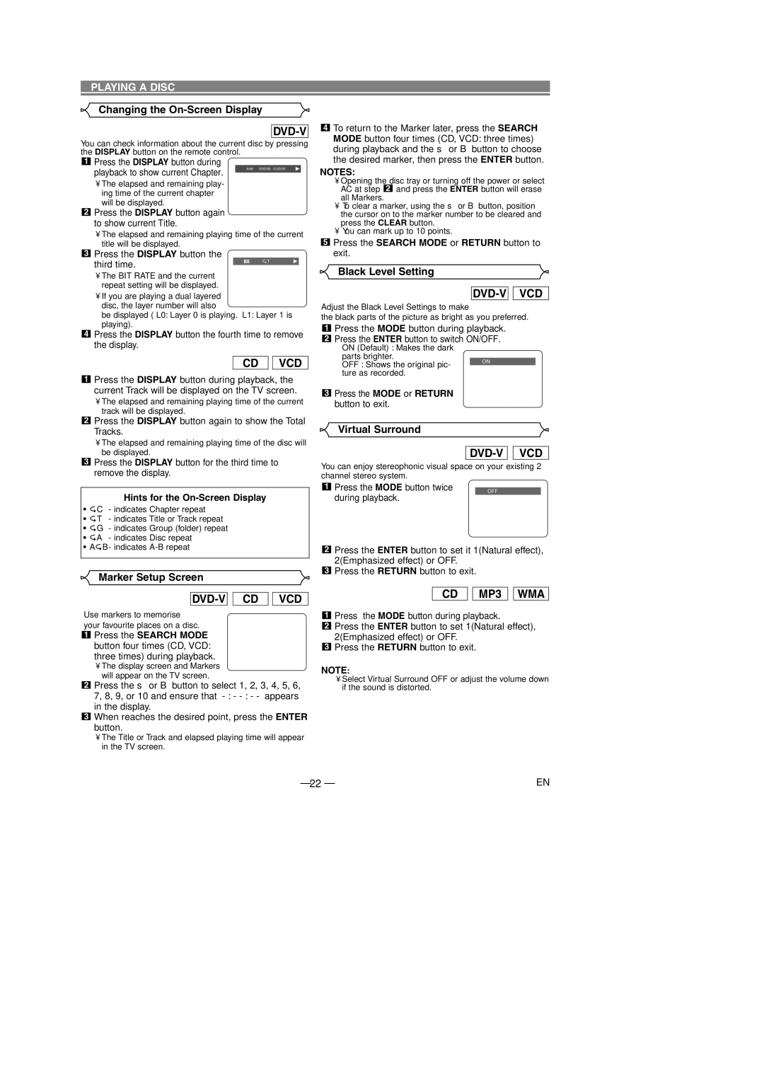 Marantz DV4400 manual CD MP3 WMA, Changing the On-Screen Display, Black Level Setting, Marker Setup Screen Virtual Surround 