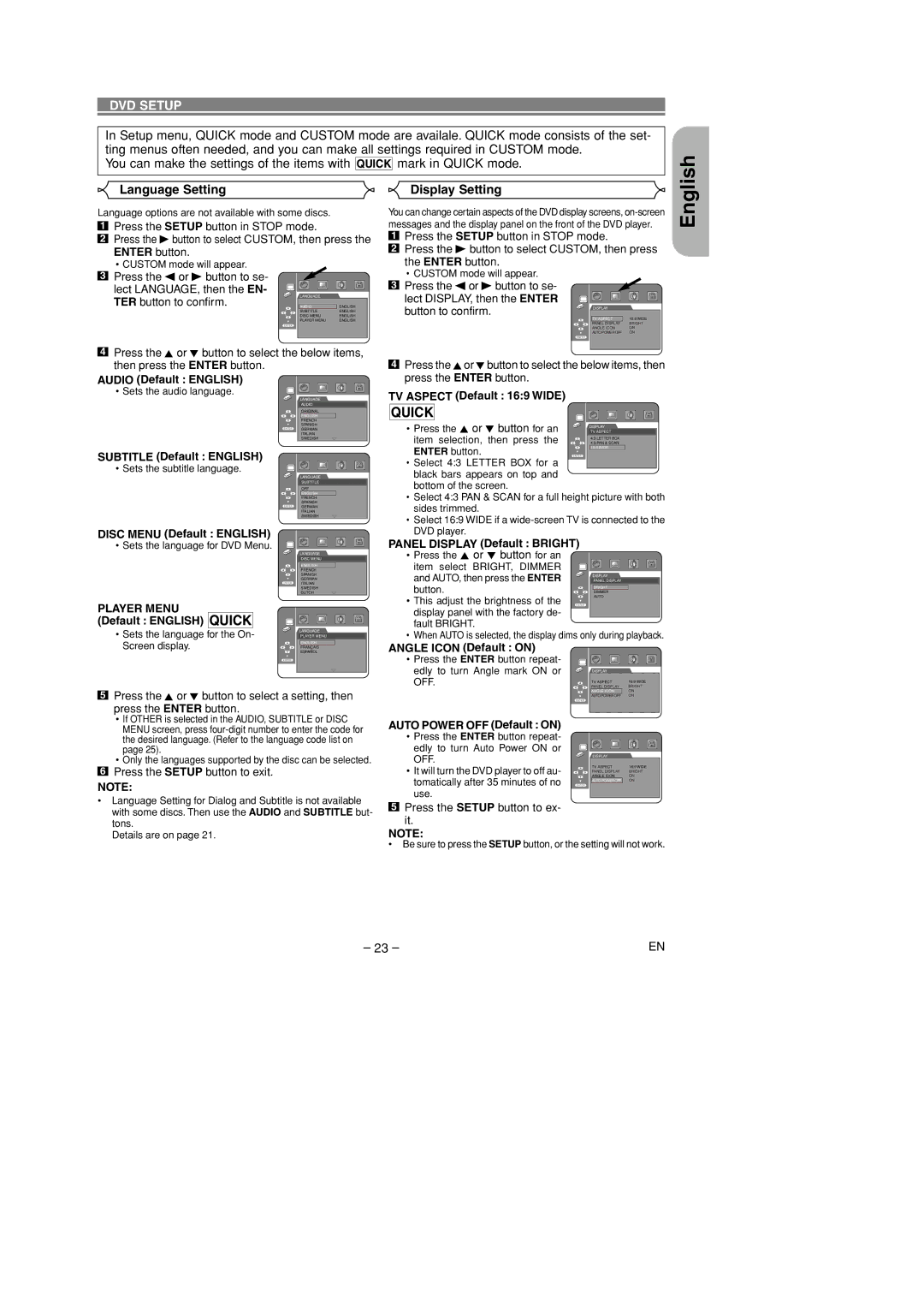 Marantz DV4400 manual Quick, English, DVD Setup, Language Setting, Display Setting 