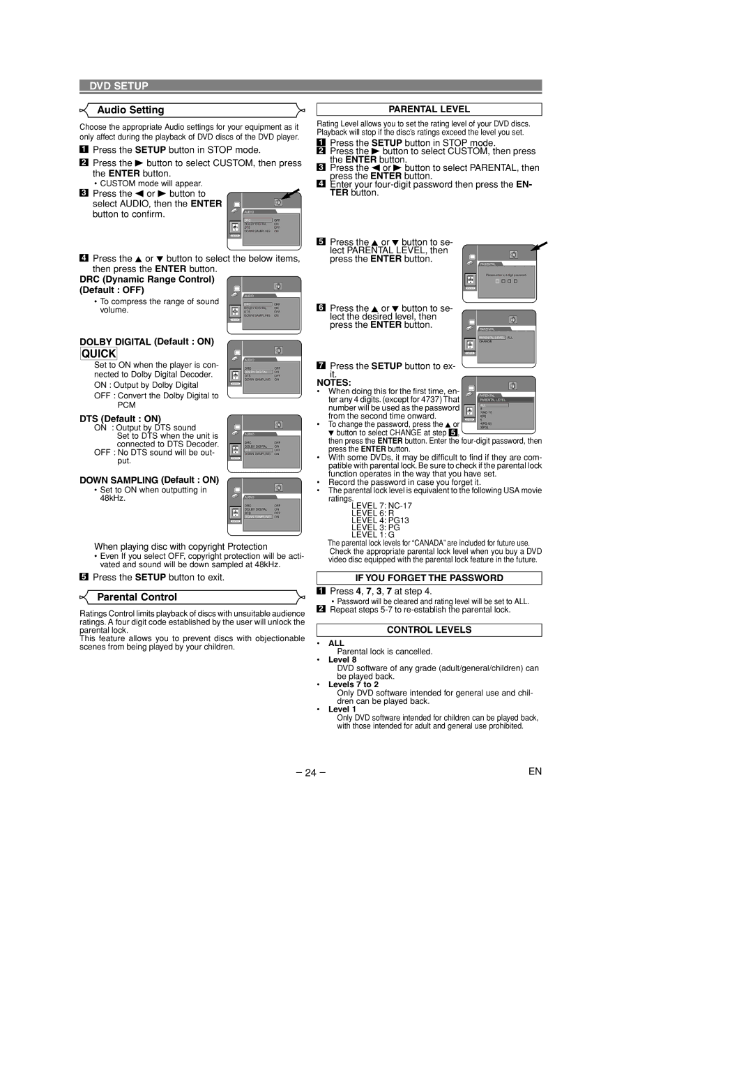 Marantz DV4400 manual Audio Setting, Parental Control, Parental Level, If YOU Forget the Password, Control Levels 