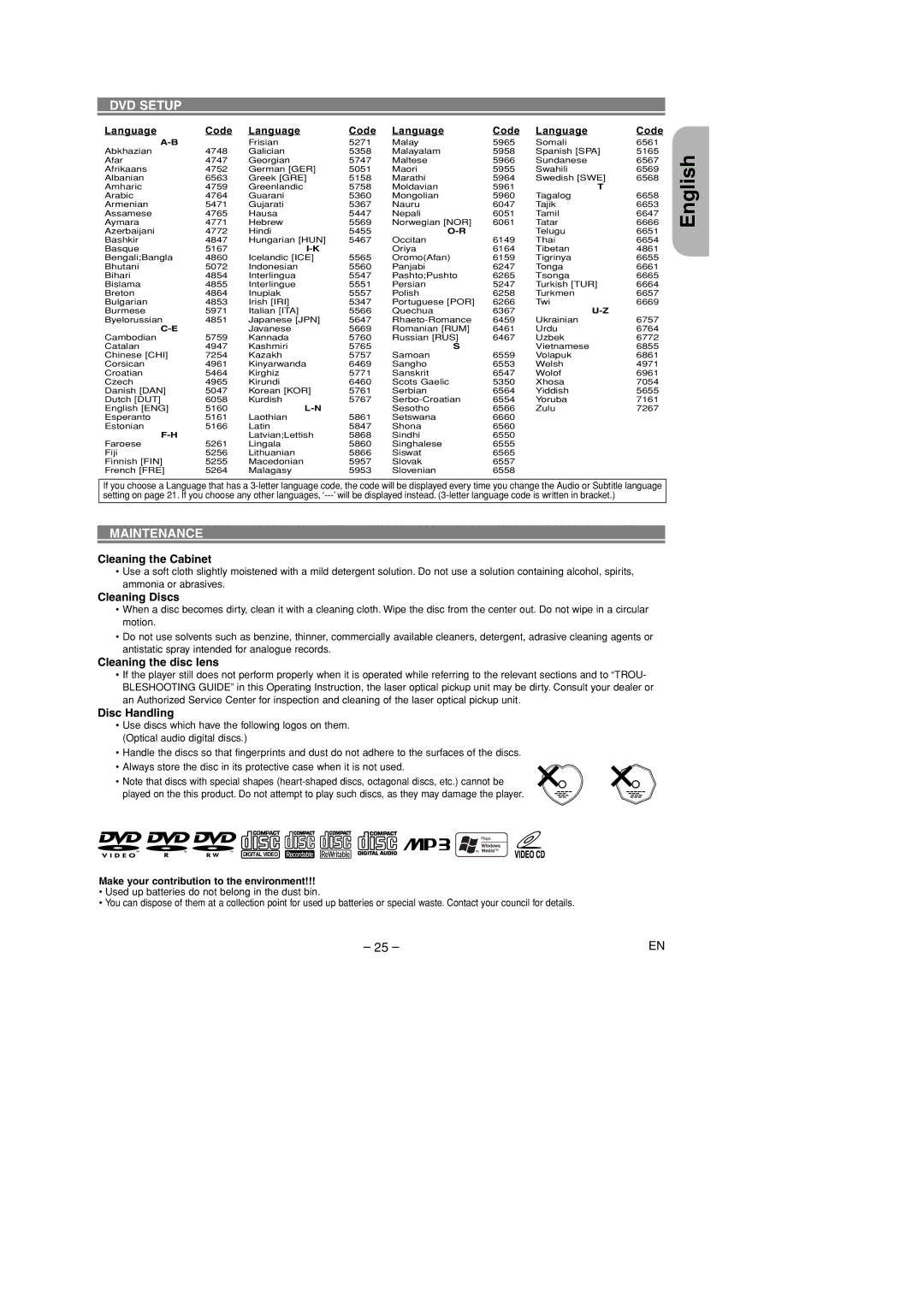 Marantz DV4400 manual Maintenance, Cleaning the Cabinet, Cleaning Discs, Cleaning the disc lens, Disc Handling 