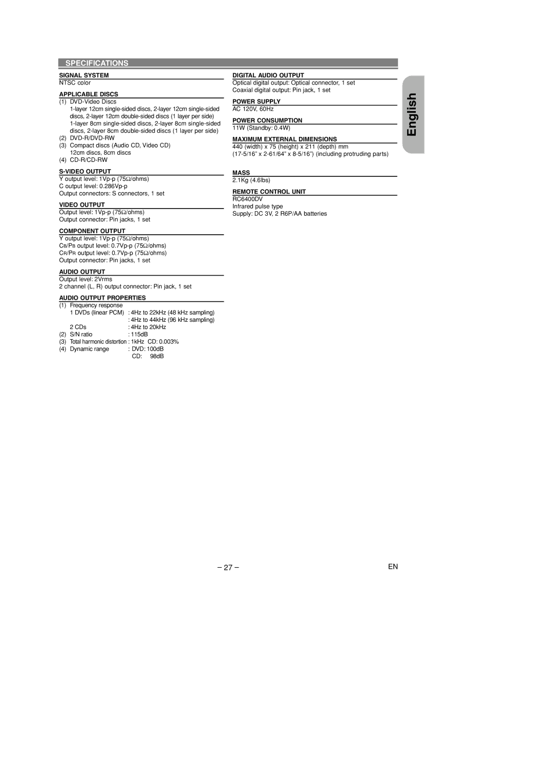 Marantz DV4400 manual Specifications 