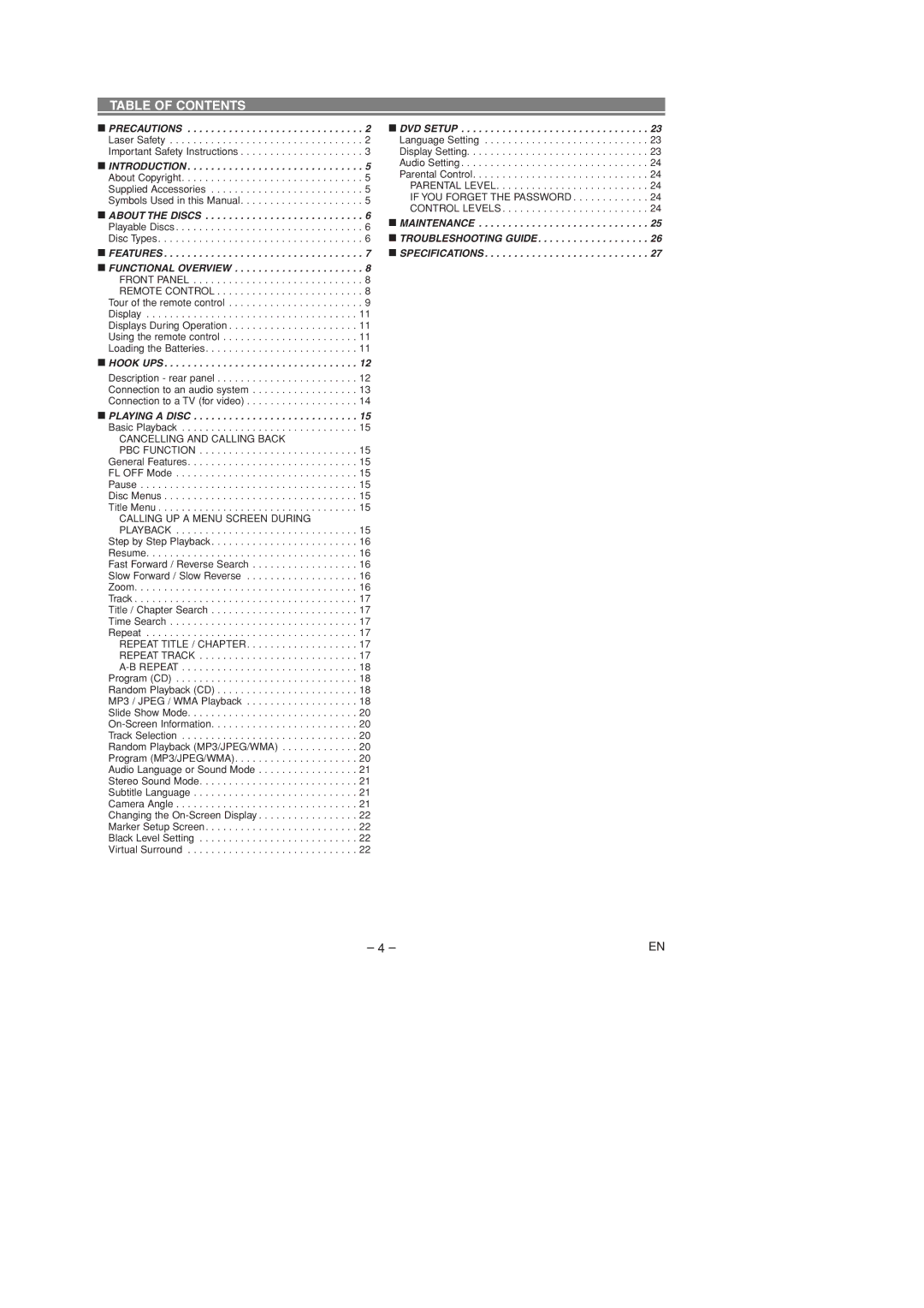 Marantz DV4400 manual Table of Contents 