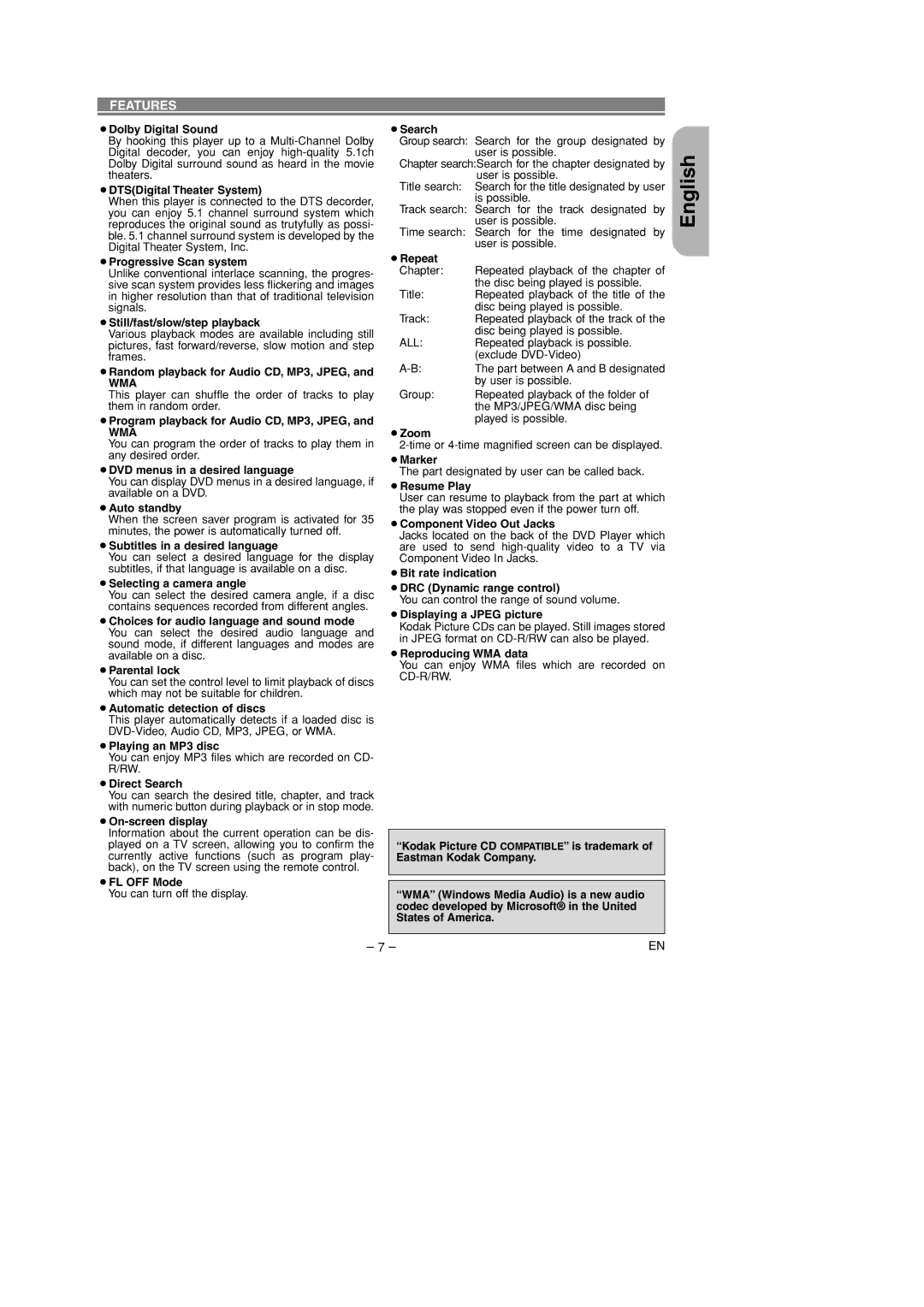 Marantz DV4400 manual Features, Wma 