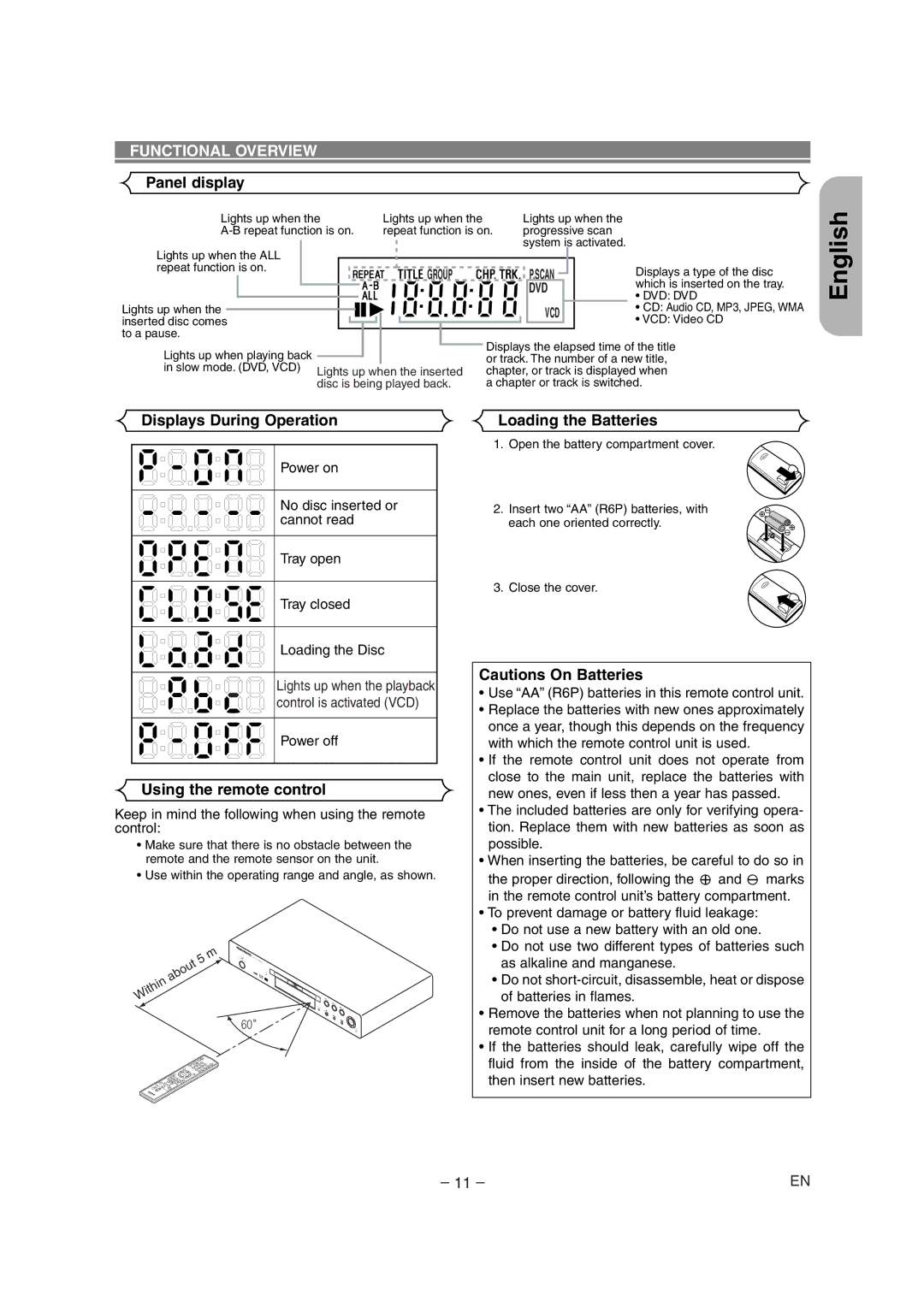 Marantz DV4500 manual Panel display, Displays During Operation, Using the remote control, Loading the Batteries 