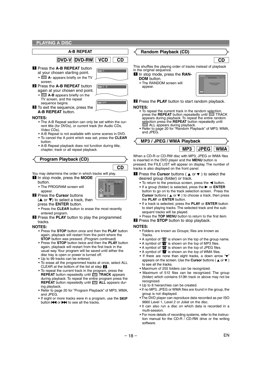 Marantz DV4500 manual Random Playback CD, Program Playback CD, MP3 / Jpeg / WMA Playback, Repeat button 