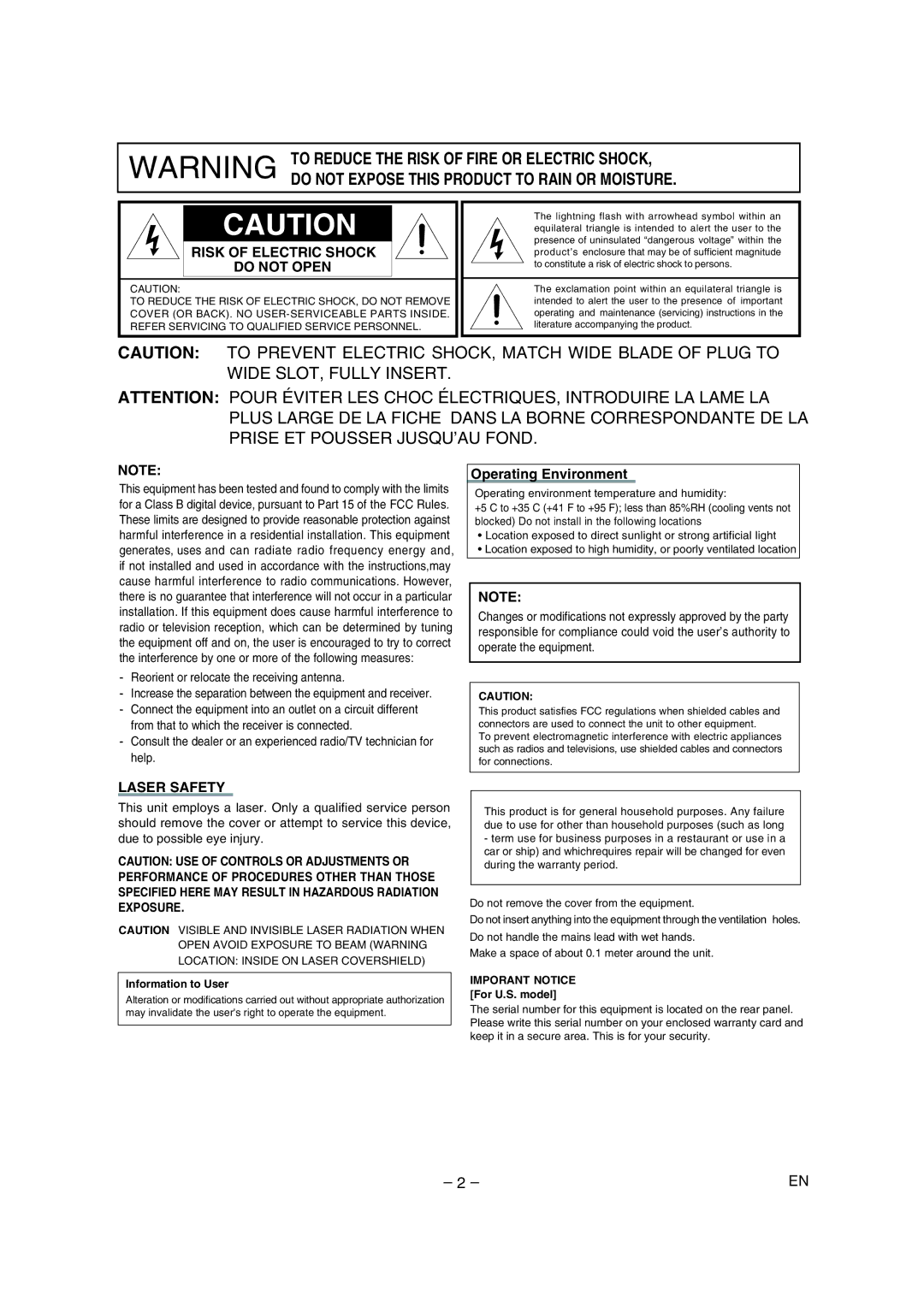 Marantz DV4500 manual Risk of Electric Shock Do not Open, Operating Environment, Laser Safety 