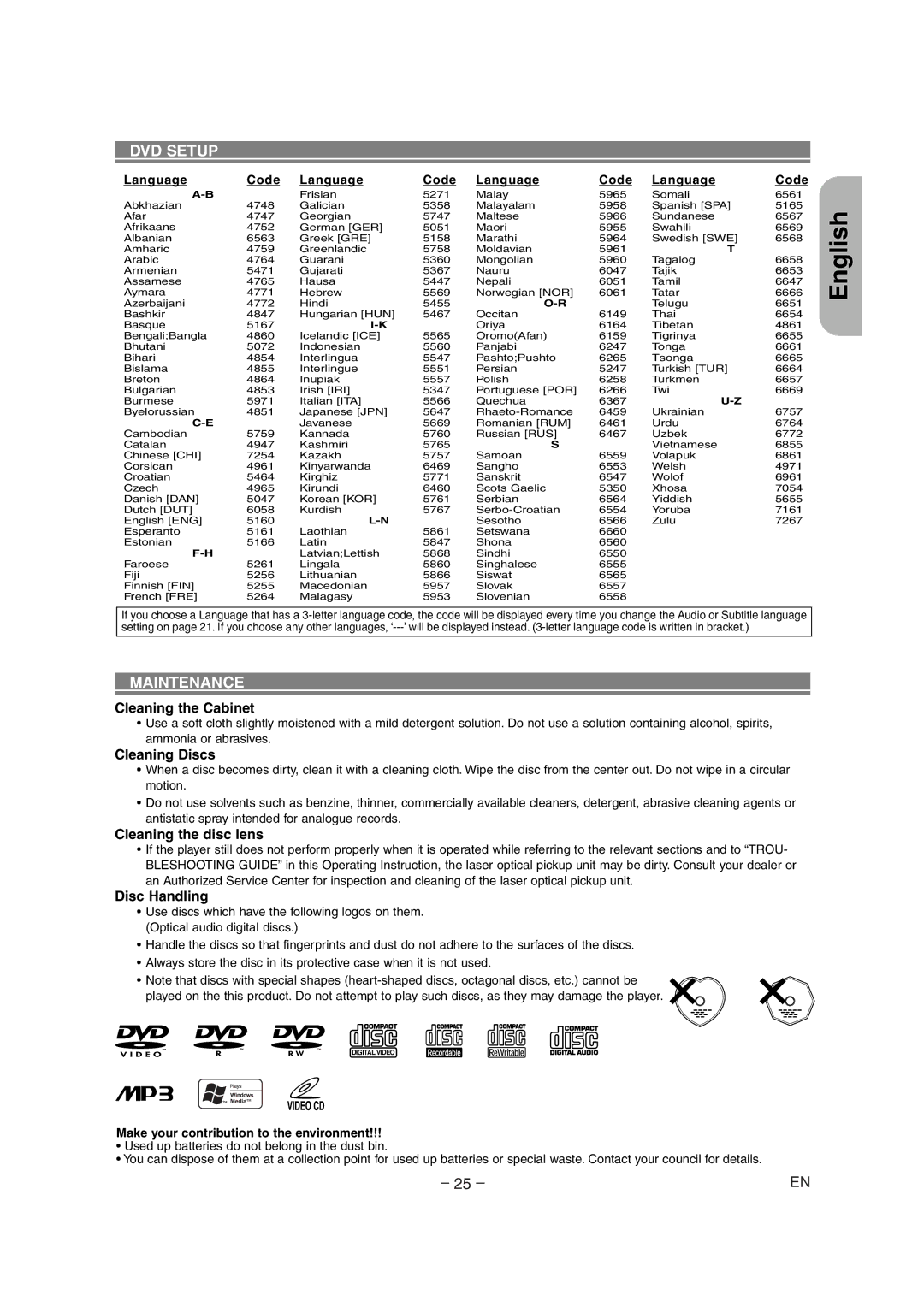 Marantz DV4500 manual Maintenance, Cleaning the Cabinet, Cleaning Discs, Cleaning the disc lens, Disc Handling 