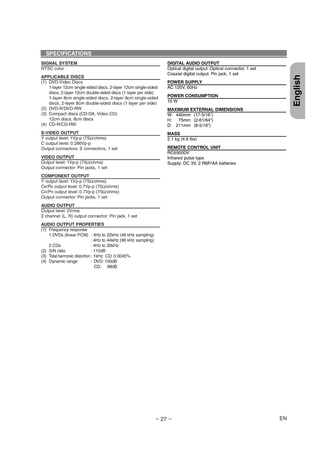 Marantz DV4500 manual Specifications 