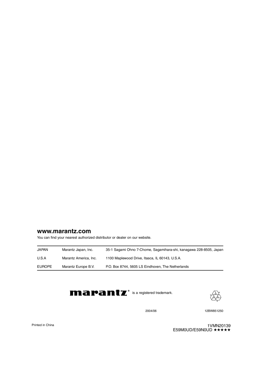 Marantz DV4500 manual 1VMN20139, Marantz Japan, Inc 