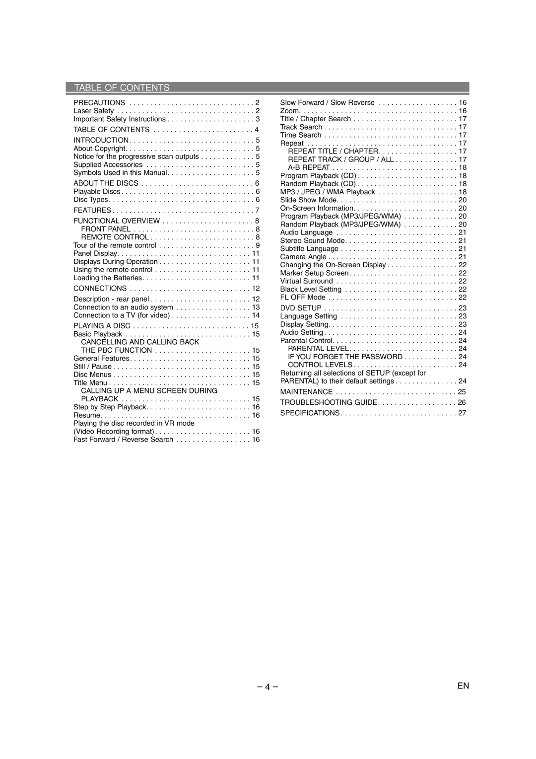 Marantz DV4500 manual Table of Contents 