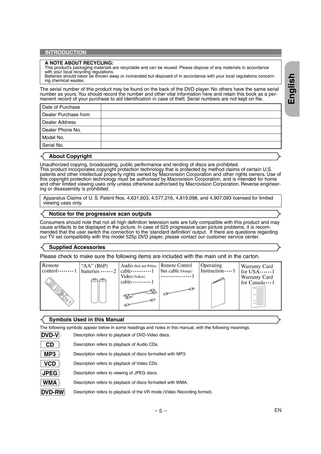 Marantz DV4500 manual Wma, Introduction, About Copyright, Supplied Accessories, Symbols Used in this Manual 