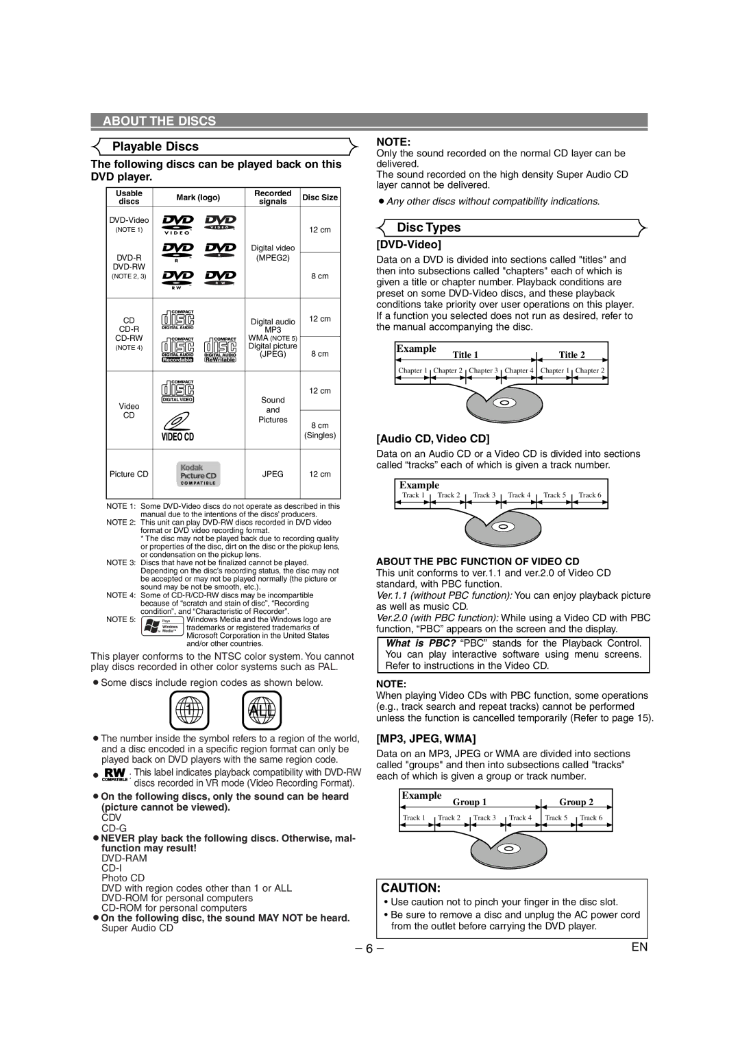 Marantz DV4500 manual About the Discs, Playable Discs, Disc Types, MP3, JPEG, WMA 