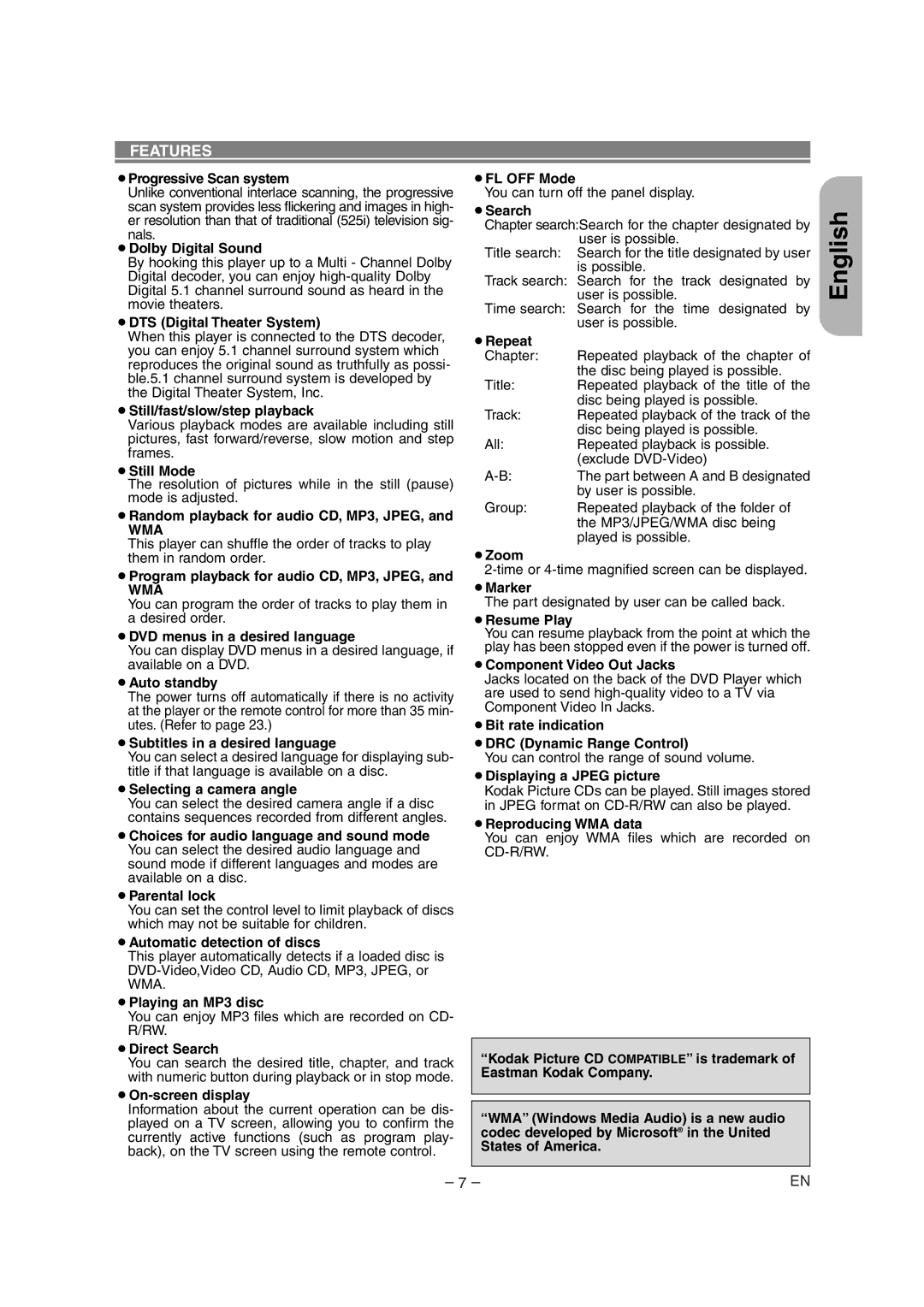 Marantz DV4500 manual Features, Wma 