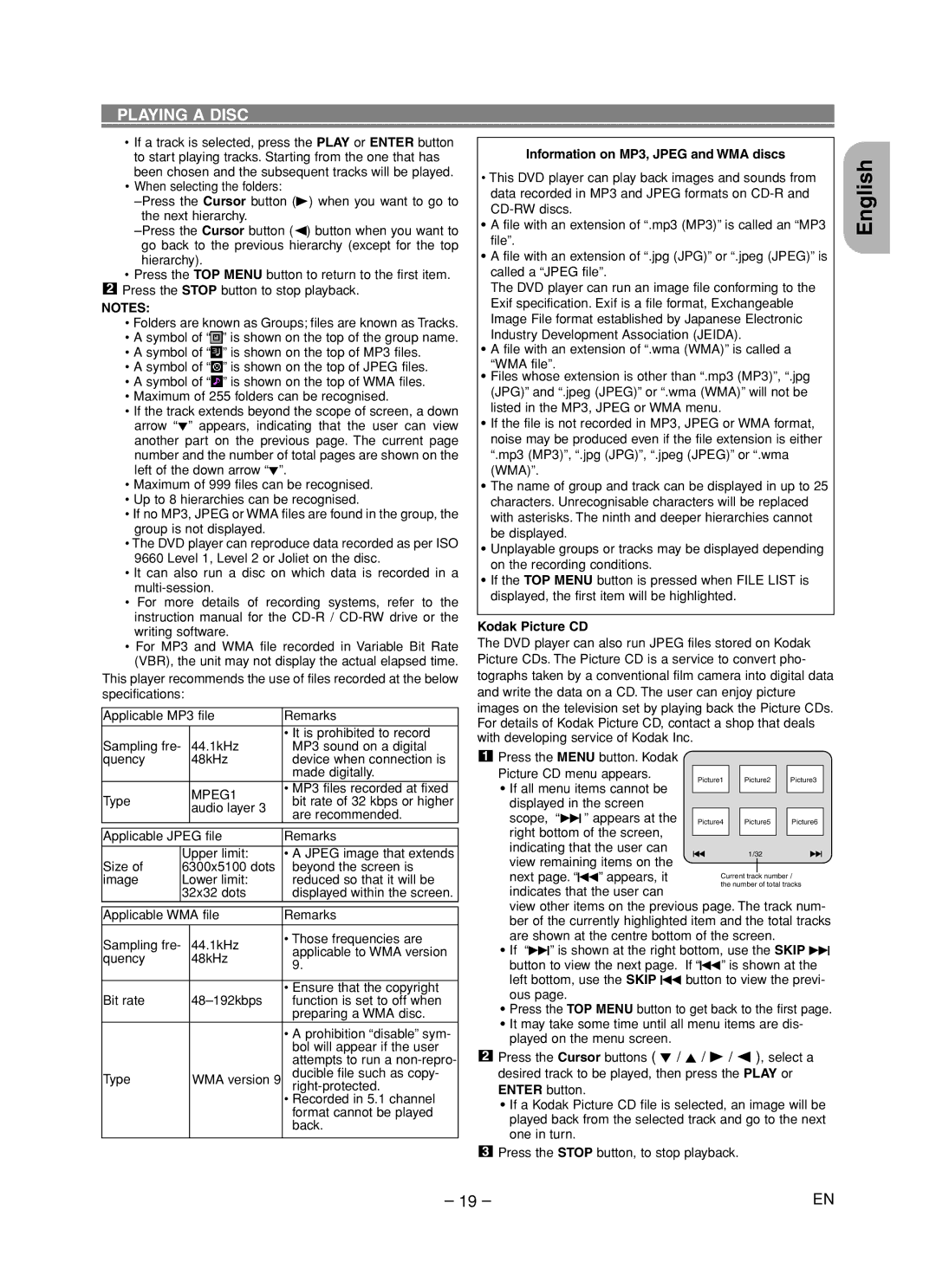 Marantz DV4600 manual Information on MP3, Jpeg and WMA discs, Kodak Picture CD 