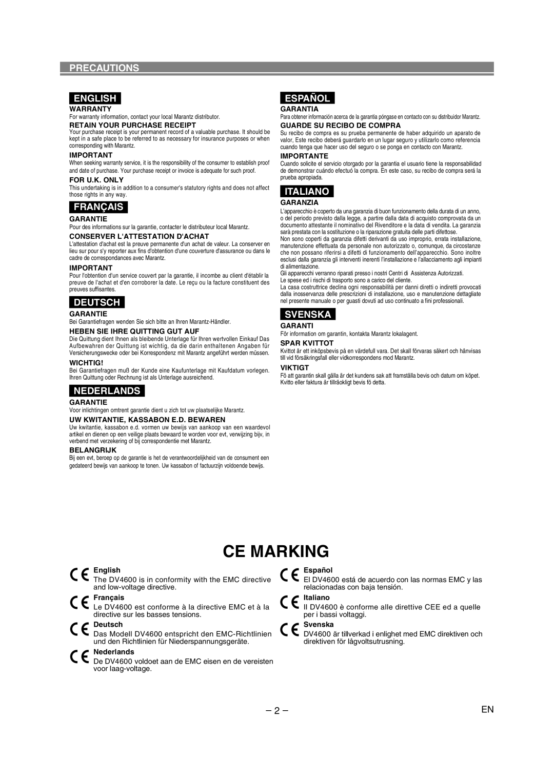 Marantz DV4600 manual Precautions English, Français, Deutsch, Nederlands, Español, Italiano, Svenska 