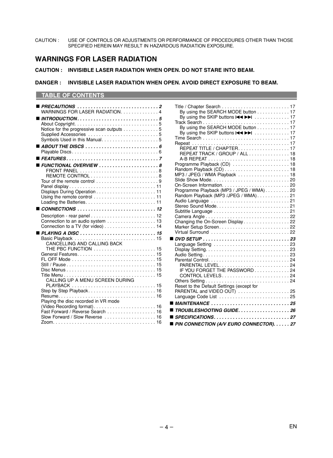 Marantz DV4600 manual Table of Contents 