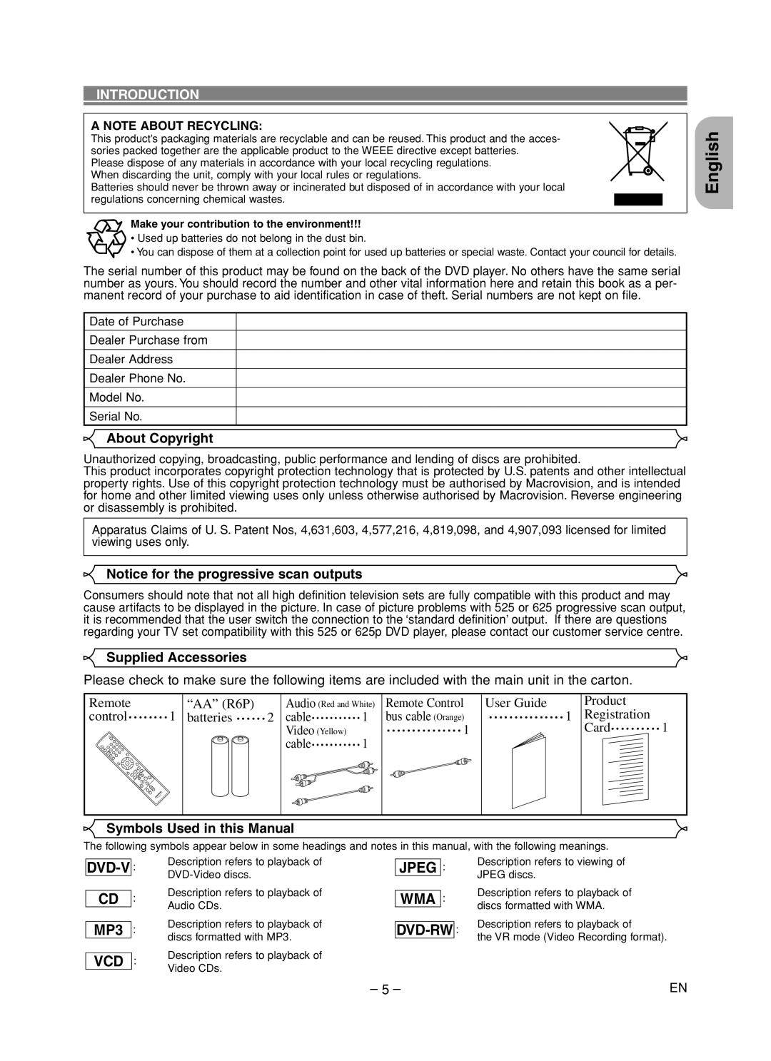 Marantz DV4600 manual Dvd-V, Jpeg WMA DVD-RW, Introduction 