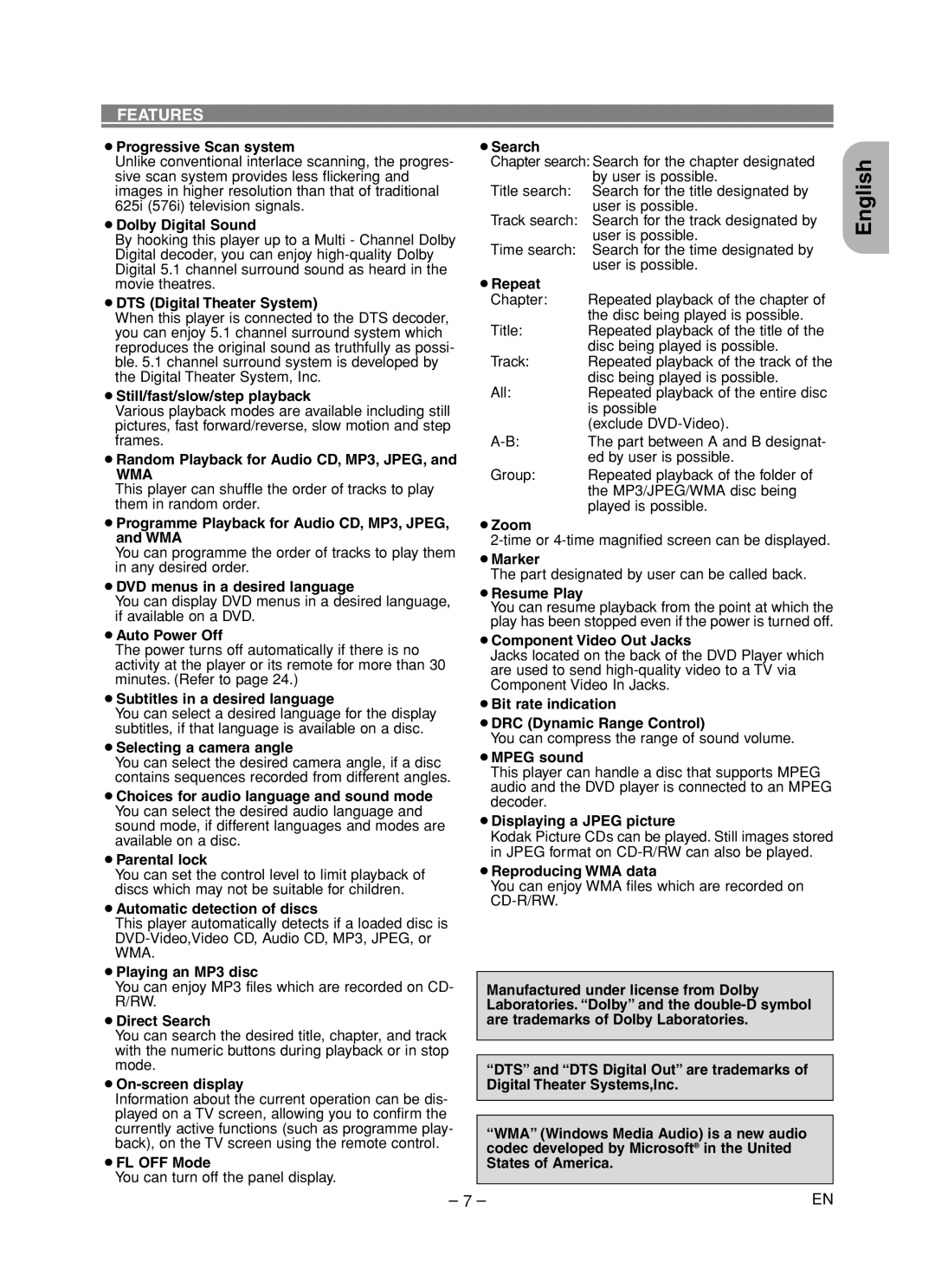 Marantz DV4600 manual Features, Wma 