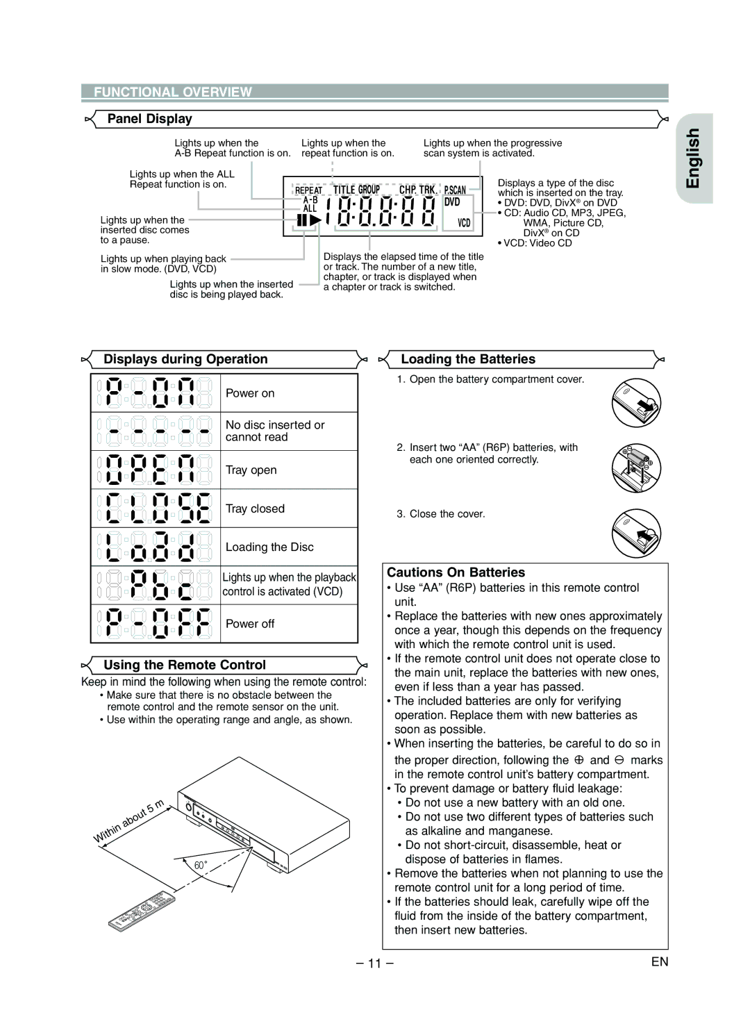 Marantz DV4610 manual Panel Display, Displays during Operation, Using the Remote Control, Loading the Batteries 