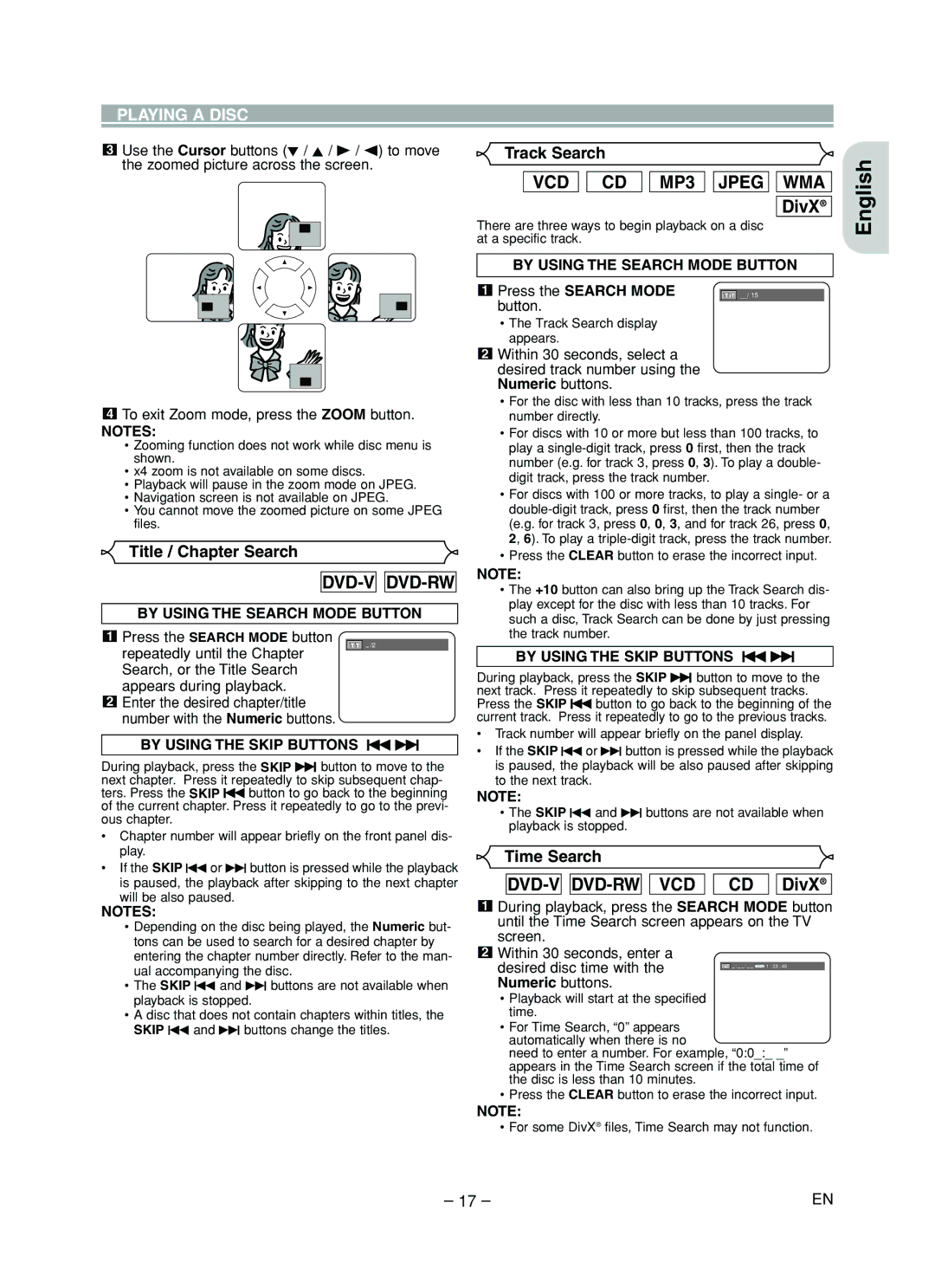 Marantz DV4610 manual VCD CD MP3 Jpeg WMA DivX, Dvd-V Dvd-Rw, DVD-V DVD-RW VCD CD DivX, Title / Chapter Search, Time Search 