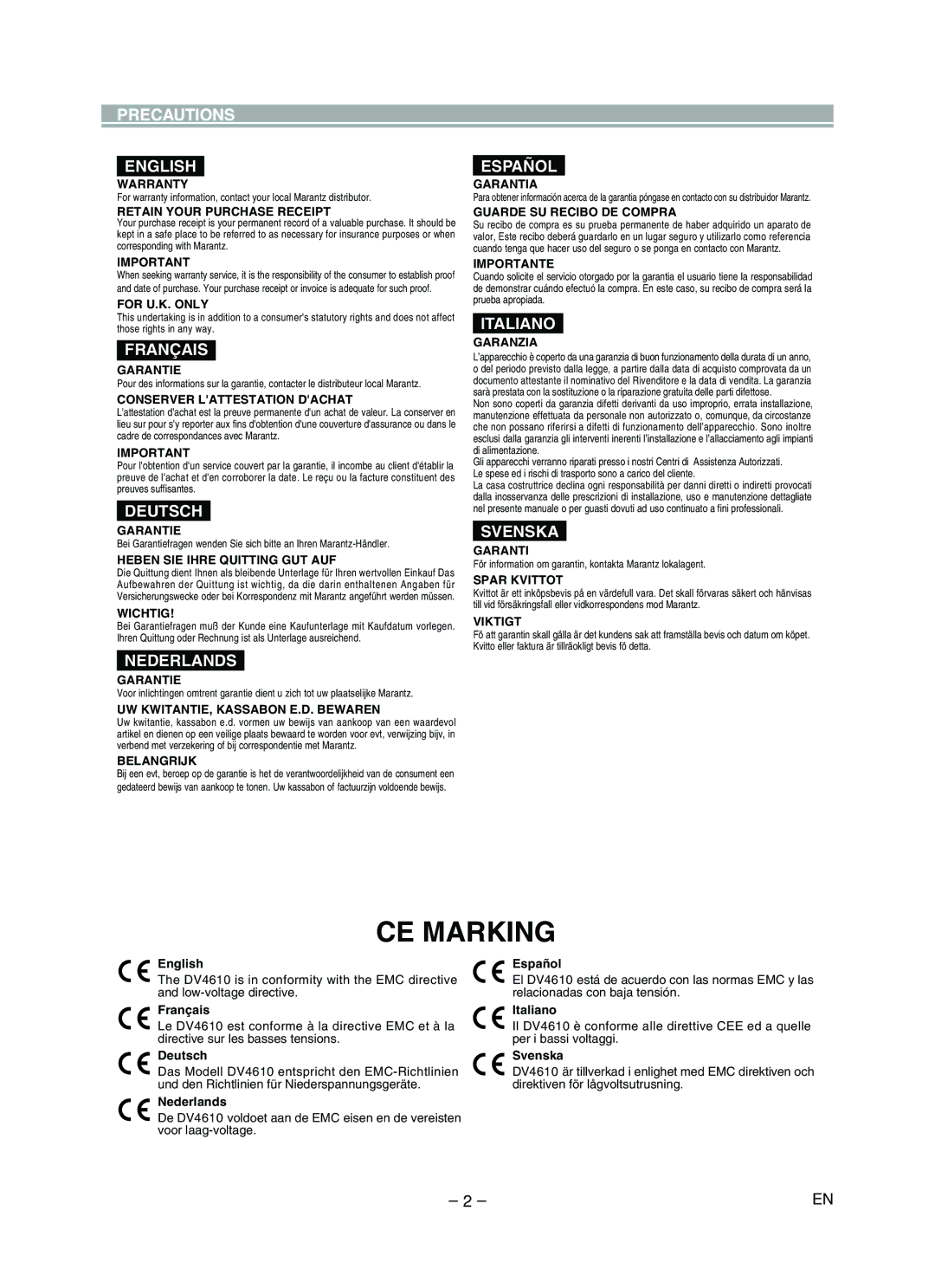 Marantz DV4610 manual Precautions English, Français, Deutsch, Nederlands, Español, Italiano, Svenska 