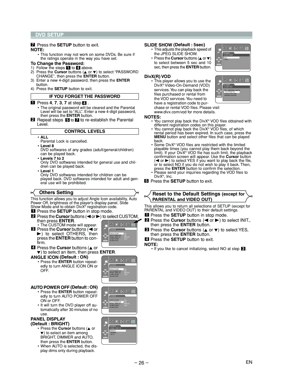 Marantz DV4610 manual Others Setting, Reset to the Default Settings except for, If YOU Forget the Password, Control Levels 