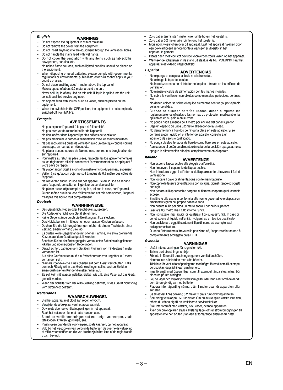 Marantz DV4610 manual Avertissements, Warnhinweise, Waarschuwingen, Advertencias, Avvertenze, Varningar 