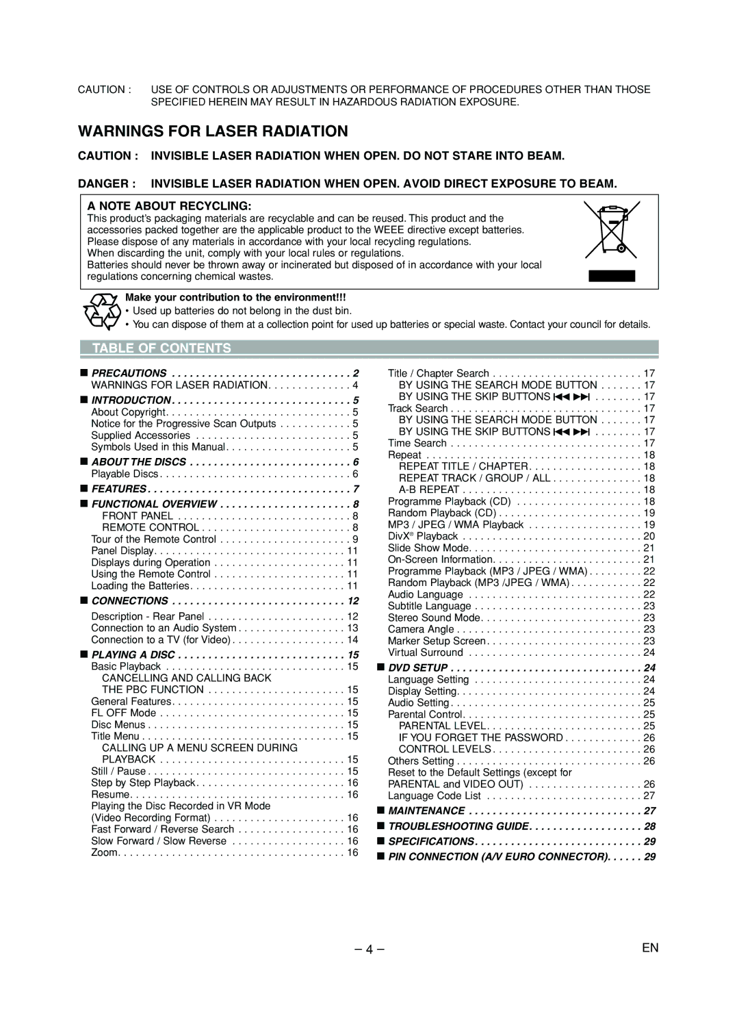 Marantz DV4610 manual Table of Contents 