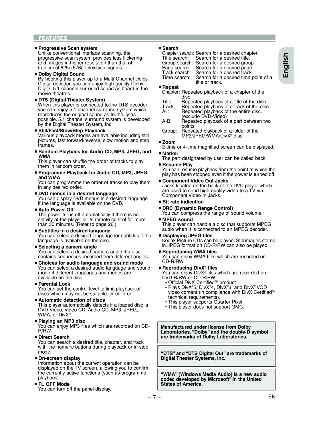 Marantz DV4610 manual Features, Wma 