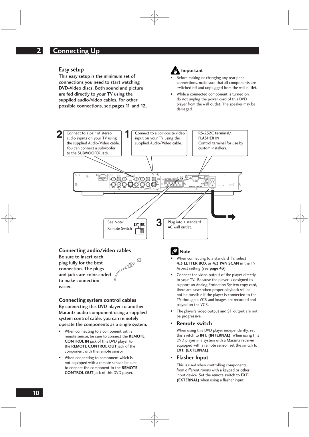 Marantz DV6001 manual Easy setup, Connecting audio/video cables, Remote switch, Flasher Input 