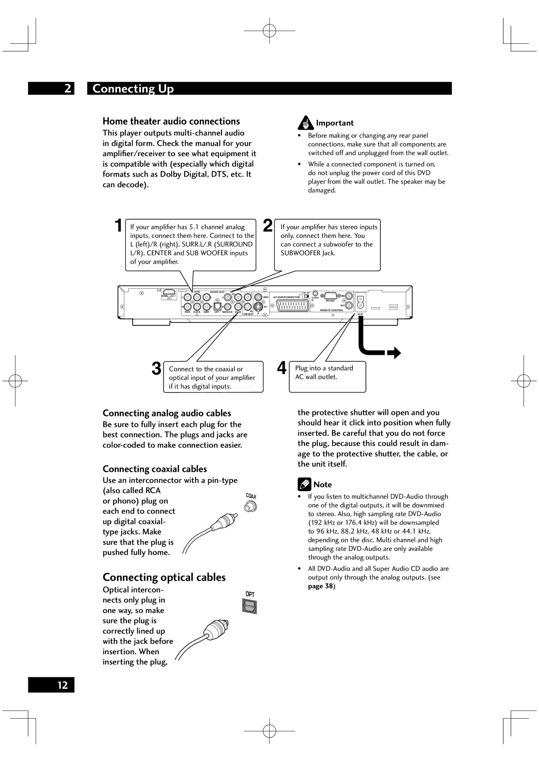 Marantz DV6001 manual Home theater audio connections, Connecting analog audio cables, Connecting coaxial cables 