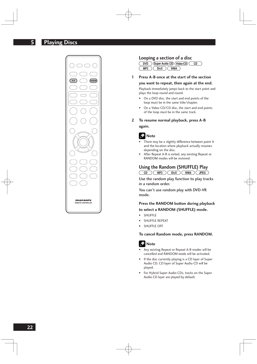 Marantz DV6001 Looping a section of a disc, Using the Random Shuffle Play, To resume normal playback, press A-B again 