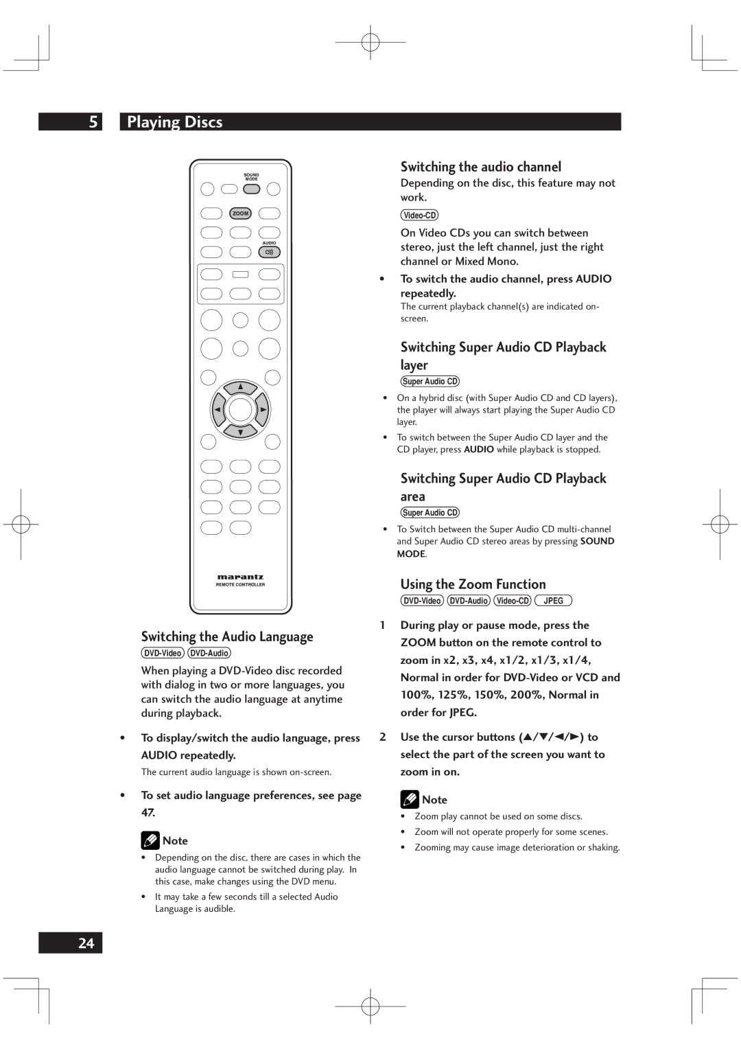 Marantz DV6001 manual Switching the Audio Language, Switching the audio channel, Switching Super Audio CD Playback layer 